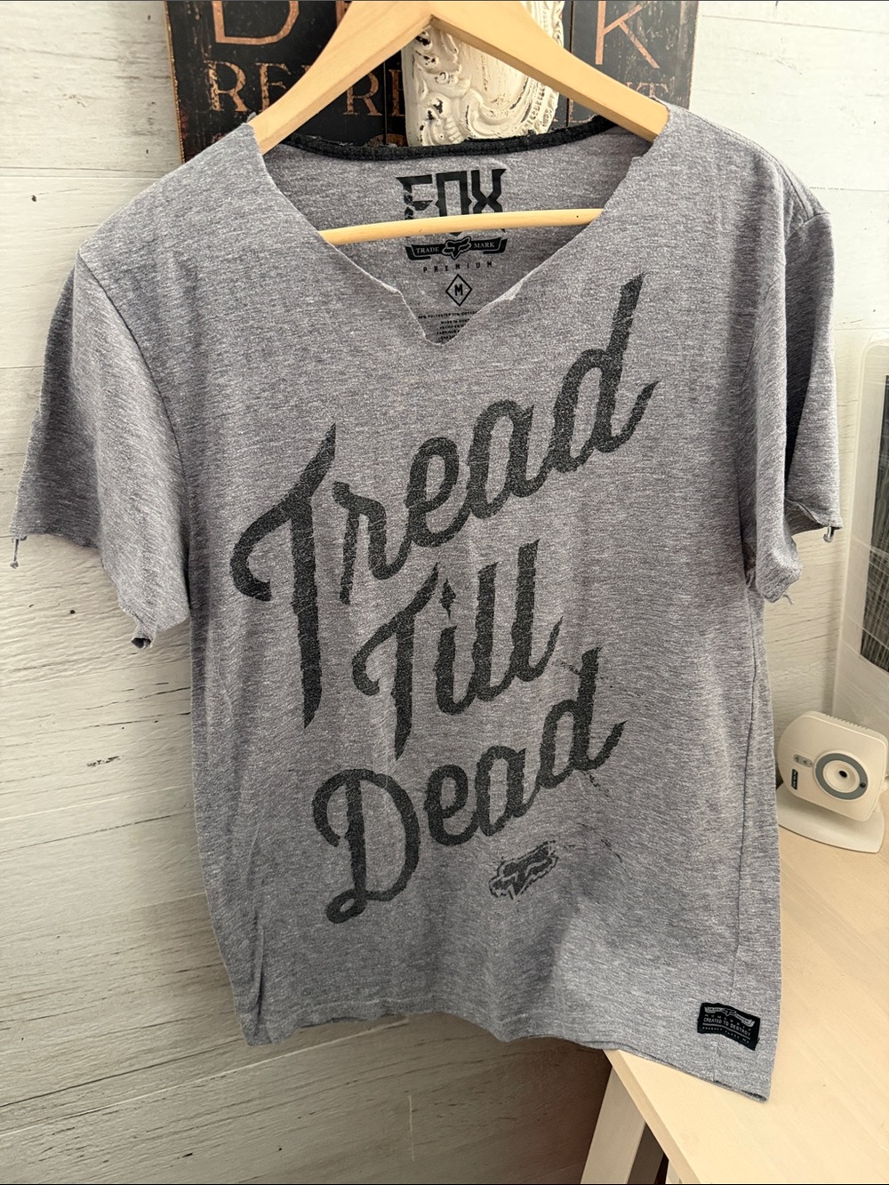 Fox Gray Short Sleeve Graphic Tee - Tread Till Dead Cut on sleeves & Collar